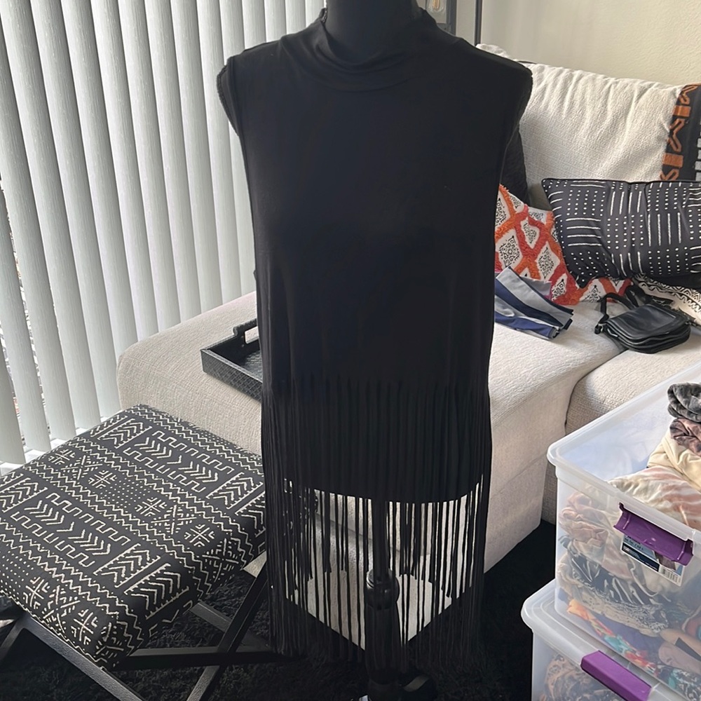 Toto Collection | Mock Neck Sleeveless Fringe Top